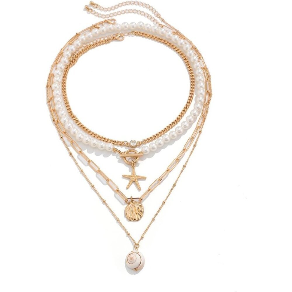 🆕 Women Gold Starfish Layered Necklace Bohemian Pearl Conch Beach Bead Jewelry
